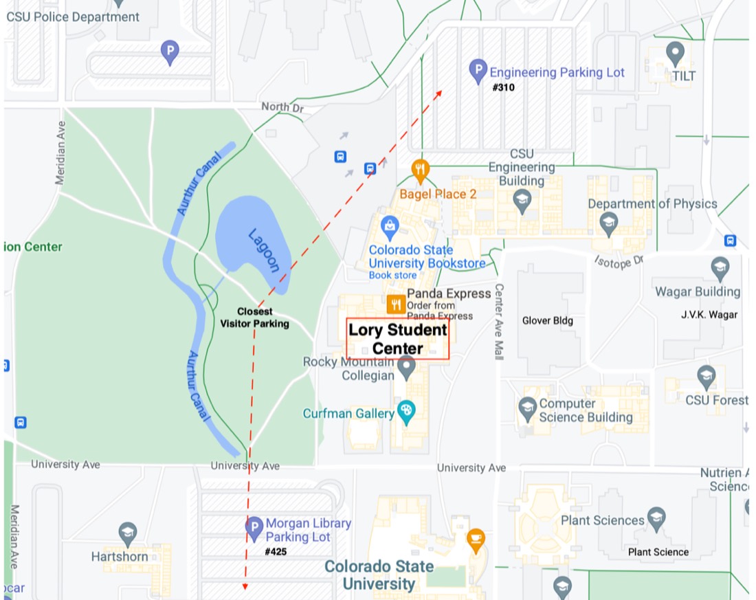 Campus map showing the Lory Student Center with the Engineering parking lot (#310) to the north and the Morgan Library parking lot (#425) to the south.